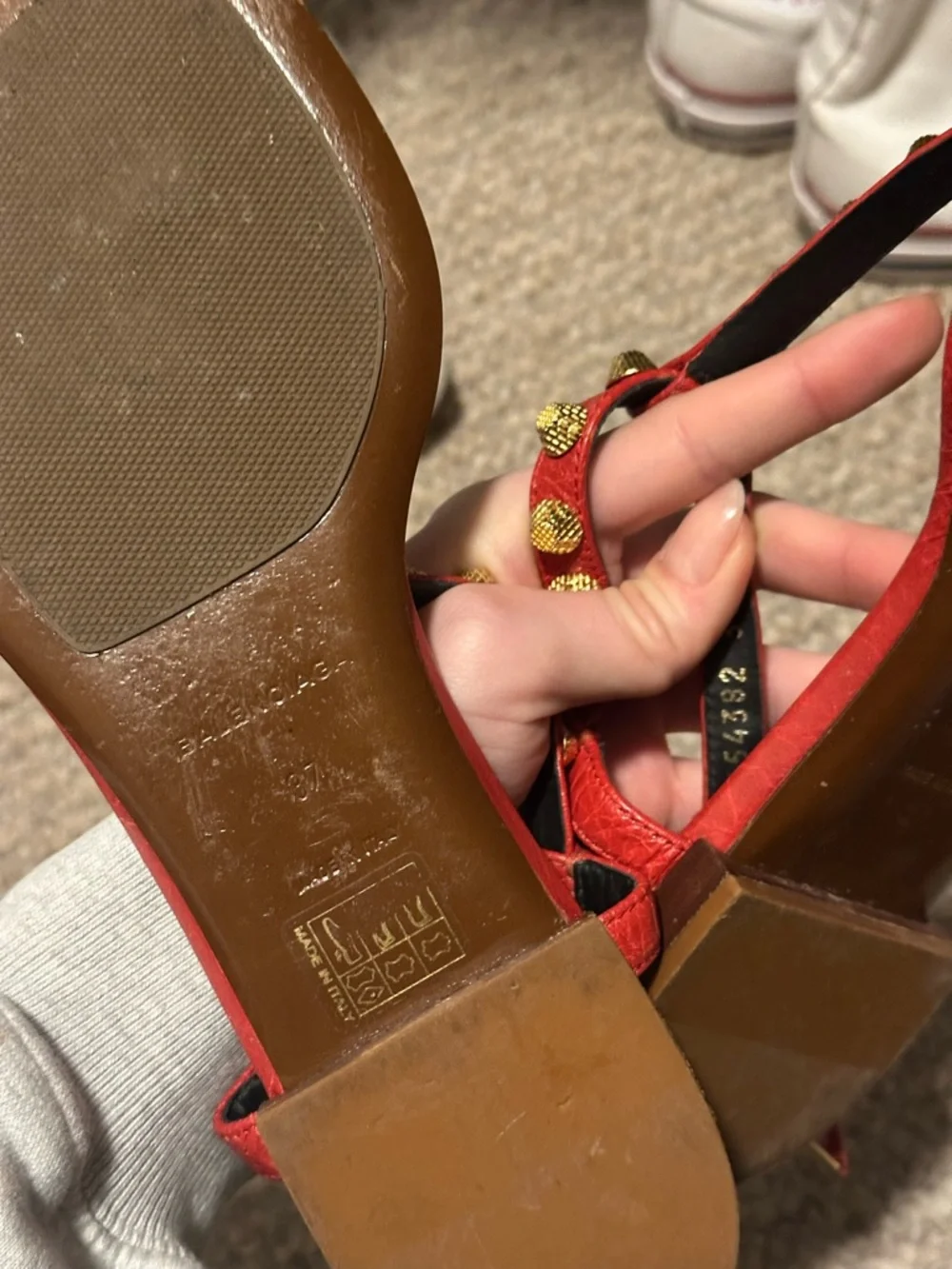 Balenciaga Red Leather Studded T-Strap Sandals with Gold Accents - Picture 3 of 5